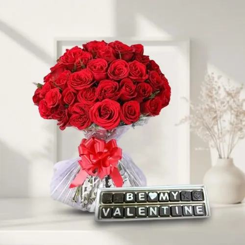 Captivating Valentine Gift of Red Roses Bouquet with Be My Valentine Hand Made Chocolates