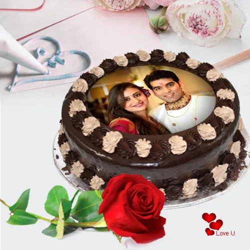 Majestic Combo of Chocolate Photo Cake with Single Red Rose