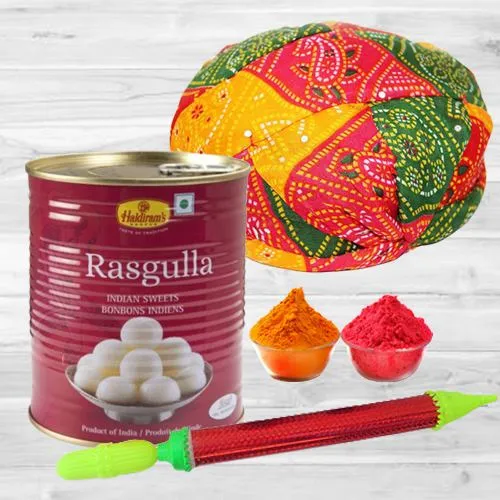 Delicious Rasgulla Tin with Rajasthani Cap, Pichkari N Free Gulal