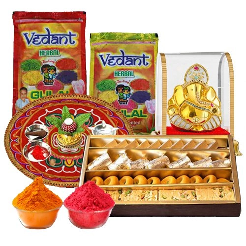 Festive Gift of Puja Thali with Assorted Sweets, Ganesh Mandap N Herbal Gulal