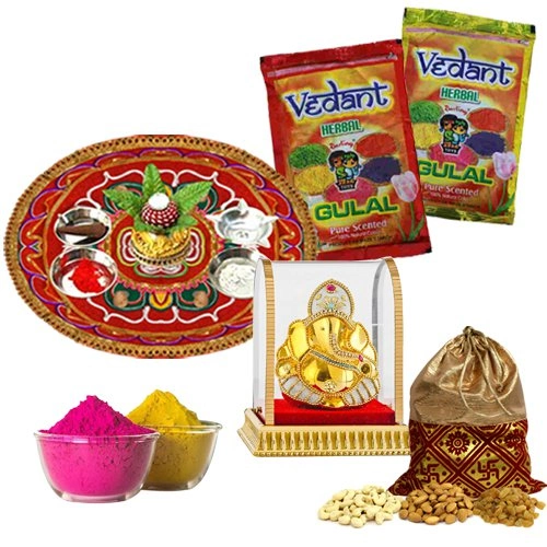 Cheerful Holi Combo of Puja Thali with Ganesh Mandap, Herbal Gulal N Dry Fruit Potli