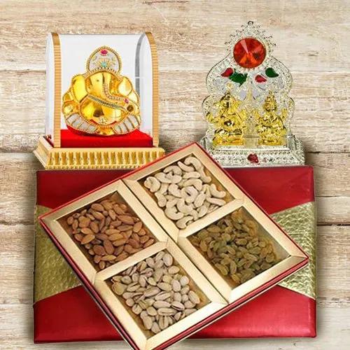 Decorated Puja Mandap with Mixed Dry Fruits Box and Lord Ganesha