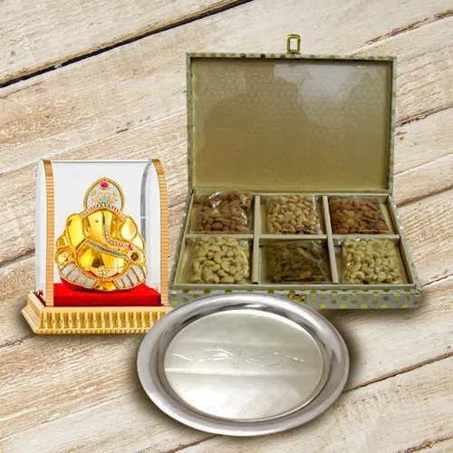 Shop for Ganesh Murti with Silver Plated Thali N Dry Fruits
