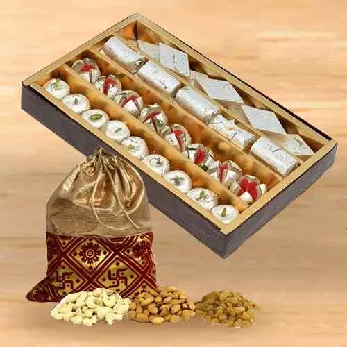 Shop for Dry Fruits Potli with Assorted Haldirams Sweets