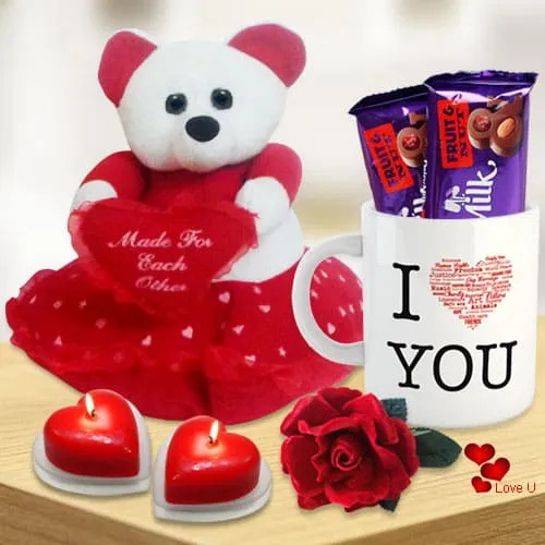 Valentines Day Combo of Teddy with Heart Cadbury Chocolates Heart Shape Candle n a Love Mug