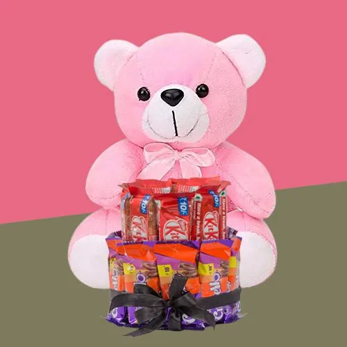 Special Double Deck Chocolate Arrangement with a Pink Teddy