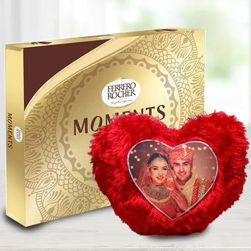 Karwa Chauth Gift of Personalized Heart Shape Cushion n Ferrero Rocher Moments