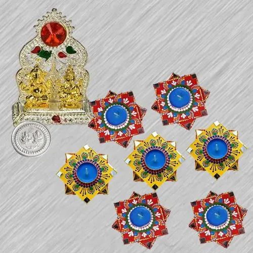 Decorative Diwali Gift Set of 7 pcs Designer Dot Mandala Art Hand Made Diya with Ganesh Laxmi Mandap  N  Free Silver Plated Coin