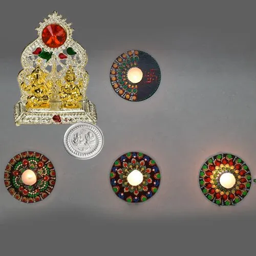 Propitious Ganesh Laxmi Mandap with Rangoli Decor Set for Diwali with Free Silver Coin