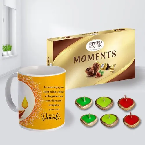 Attractive Personalized Diwali Message Mug, Ferrero Rocher Chocolates n Free Diya