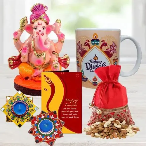 Propitious Ganesh Laxmi Idol with Personalized Coffee Mug Dry Fruits Handmade Diya Set n Free Diwali Greetings Card
