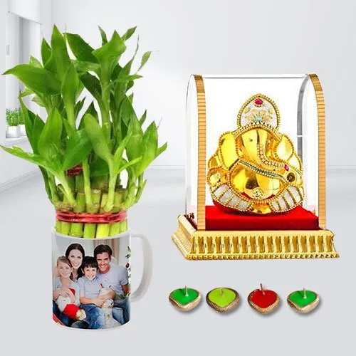 Prayerful Vighnesh Ganesh Idol with Personalized Photo Mug, 2 Tier Lucky Bamboo Plant n Free Diya
