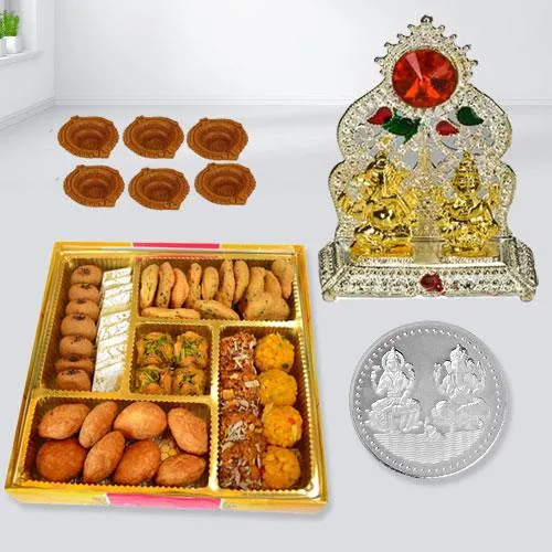 Delicious Diwali Sweets n Snacks Platter from Bhikaram with Laxmi Ganesh Mandap Coin n Free Diya