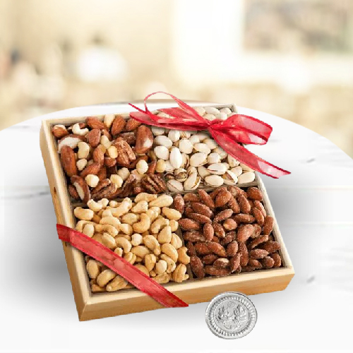 Marvellous Wooden Tray of Assorted Premium Salted Dry Fruits Free Coin for Diwali