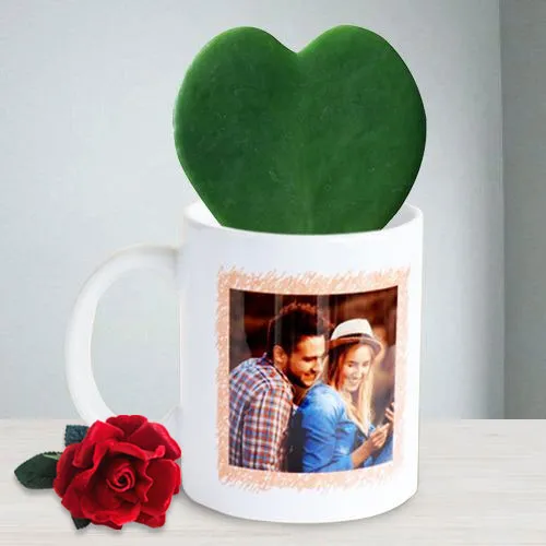 Amazing Hoya Heart Plant in Personalized Photo Coffee Mug with Red Velvet Rose