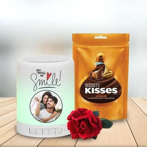 Attractive Personalized Photo Bluetooth Speaker with Hershey Chocolates n Rose Gift Combo