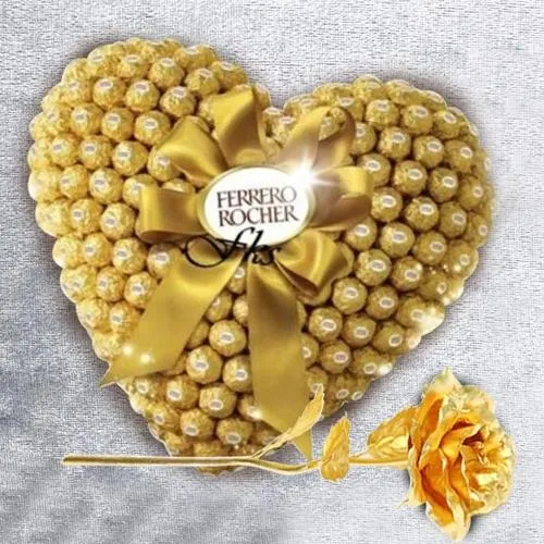 Dazzling Rosy Gift of Ferrero Rocher Heart Arrangement with Golden Rose