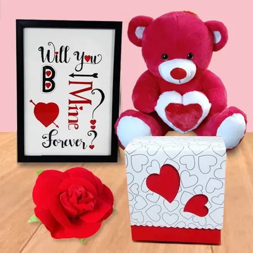 Fantastic Promise Day Gift of Handcrafted Frame with Chocolates Teddy n Roses