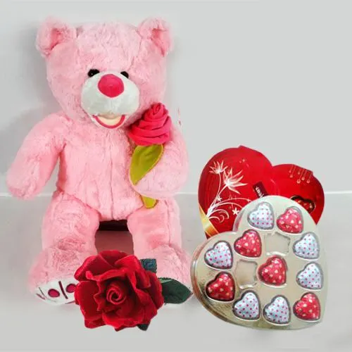 Charismatic Teddy Day Gift of Heart Teddy with Heart Shape Chocolate n Rose