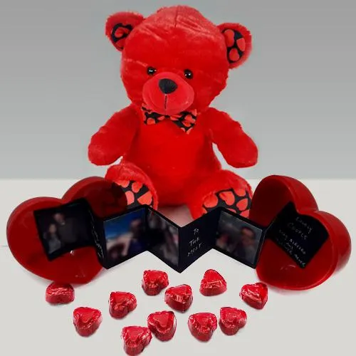 Mind Blowing Valentine Gift of Red Teddy N Heart Shape Personalized Box