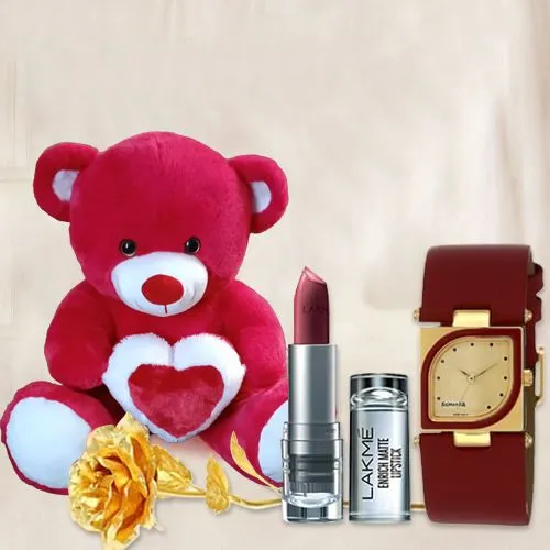 Graceful V-day Gift of Teddy, Sonata Watch n Lakme Lipstick for Wife