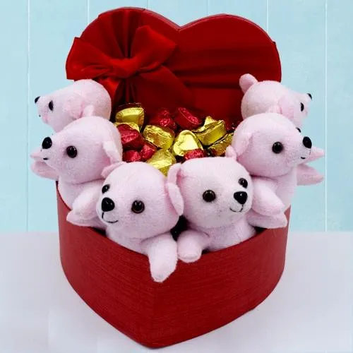 Exciting Heart Shape Box of Teddies n Heart Shape Chocolates