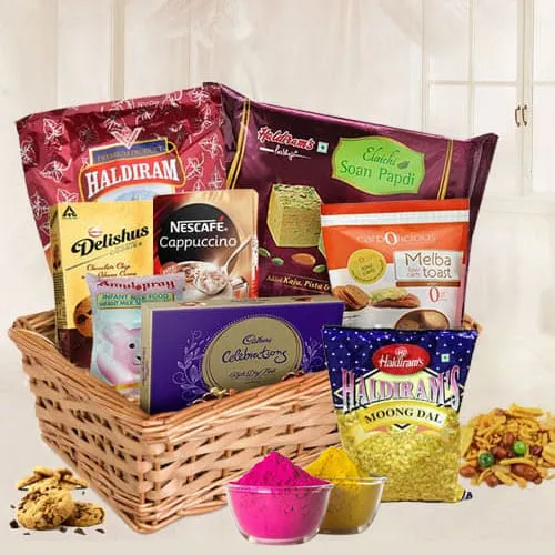 Outstanding Holi Gift Basket with Assorted Items