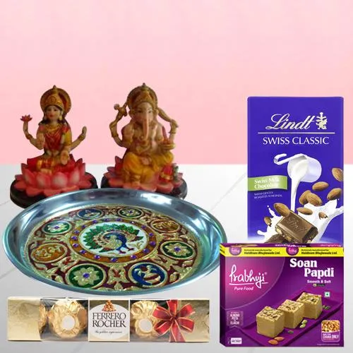 Gorgeous Pooja Thali with Haldiram Soan Papdi Chocolates N Lord Idol