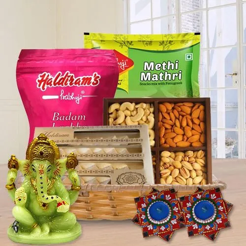 Diwali Gift Hamper of Dry Fruits Haldriam Sweets Ganesh Idol  N  Dot Mandala Art Diya