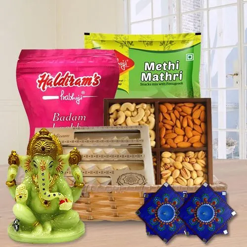 Marvellous Haldiram Sweets n Snacks, Dry Fruits, Ganesh Idol, Dot Mandala Art Diya Set for Diwali Gift