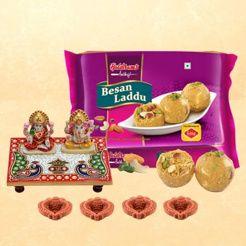 Divine Blessings Laxmi Ganesha Idol with Marble Chowki N Haldiram Sweets