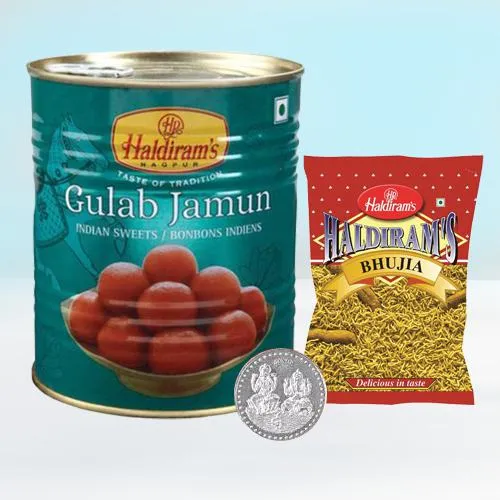 Finest Haldiram Bhujiya n Gulabjamun with Ganesh Laxmi Coin