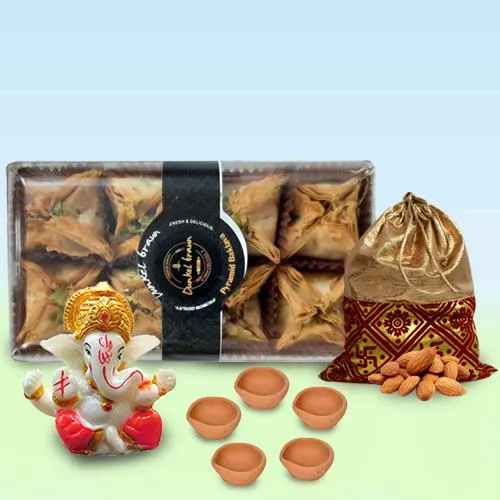 Tasty Pyramid Baklawa with Almond Potli, Ganesha Idol n Diya