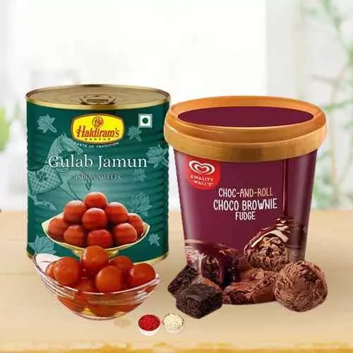 Classy Kwality Walls Chocolate Fudge Ice Cream with Haldirams Gulabjamun