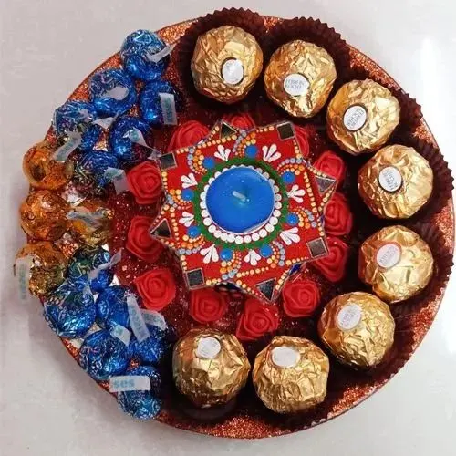 Beautiful Gift Plate circled with Chocolates Dot Mandala Diya n Flower Decor