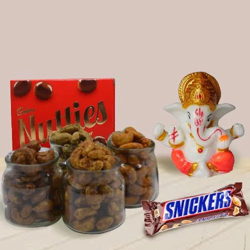 Fabulous Marble Ganpati, Assorted Chocolates n Flavored Cashews Gift Combo