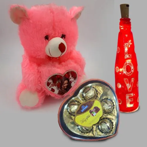 Cute Teddy with Personalized Heart, LED Light Bottle N Sapphire Hazelnut Chocolate Combo