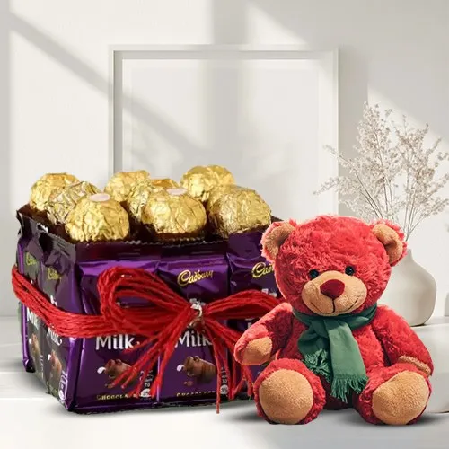 My Valentine Vase of Ferrero Rocher  N  Dairy Milk with Teddy