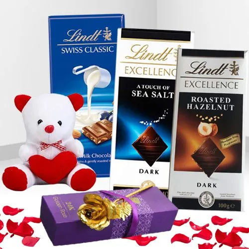 Pristine Combo of Colorful Teddy, Golden Rose with Lindt Chocolates for Valentine