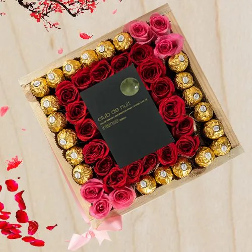 Seductive Valentine Gift Basket of Club Nuit Perfume Ferrero Rocher Chocolates n Art Roses