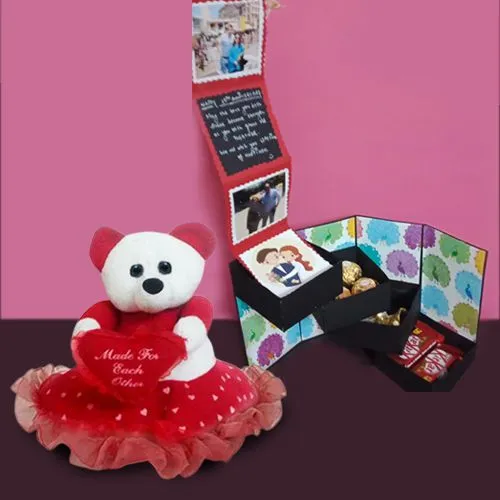 Stunning 4 Layer Pull Out Stepper Box of Chocolates n Personalized Photos with a Standing Teddy on Heart