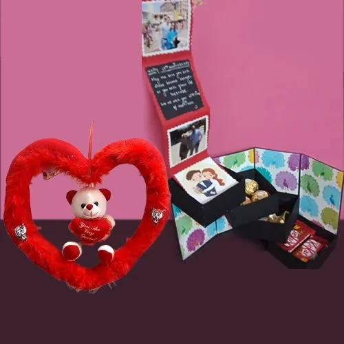 Eye-Catching 4 Stepper Pull Out Box of Imported Chocolates n Personalized Photos with Teddy in a Heart