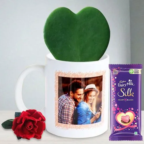 Amazing Hoya Heart Plant in Personalized Photo Coffee Mug with Red Velvet Rose