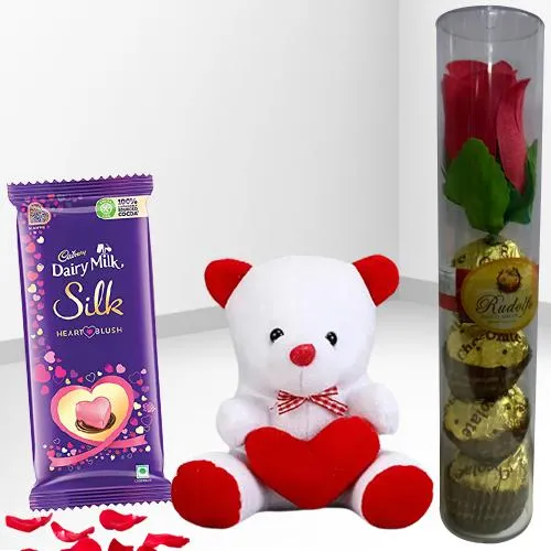 Valentine Combo of Colorful Teddy with Cadbury n Rudolfo Chocolates with Rose