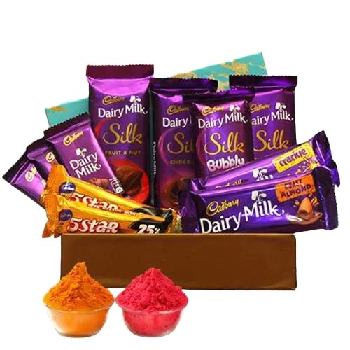 Pleasing Cadbury Chocolates Gift Box n Herbal Gulal for Holi