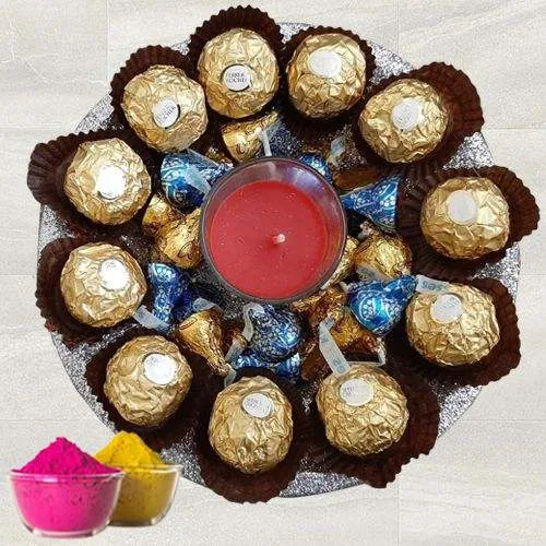 Classy Chocolates n Aroma Candle Tray with Free Gulal