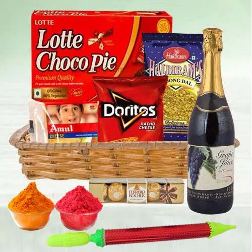 Expressive Basket of Fruit Juice N Gourmet Treat with Holi Accessories