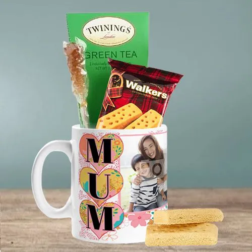 Impressive Personalized Photo Coffee Mug with Twinings Green Tea  N  Walker Cookies