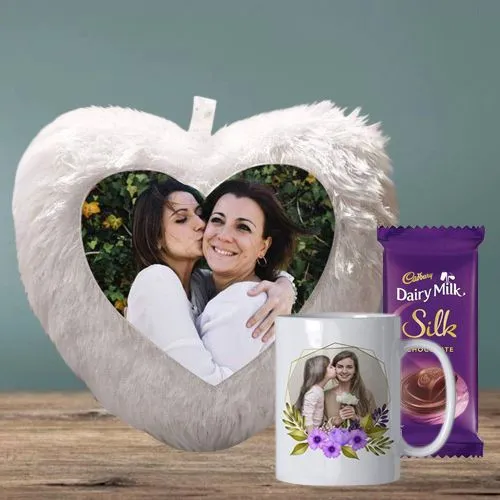 Beautiful Personalized Heart LED Cushion and Photo Mug with Cadbury Silk