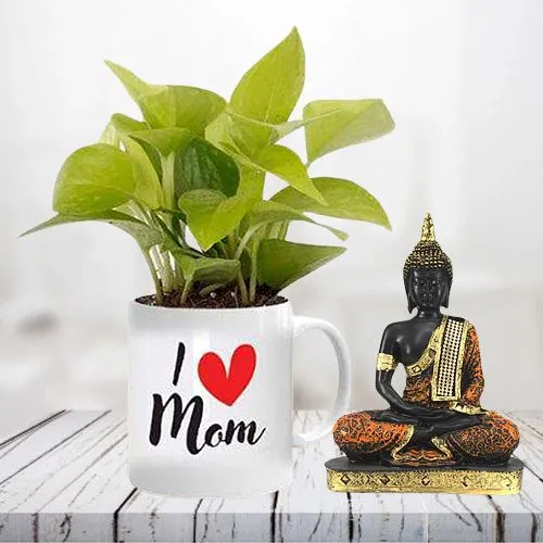 Splendid Money Plant in Personalized Mug with Gautam Buddha Idol